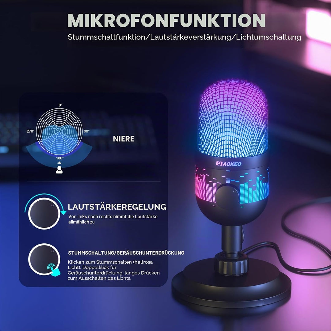 aokeo Gaming Mikrofon, USB Computer Mikrofon für PC, Mac, PS4/5, Kondensator Podcast Mic für Studioa