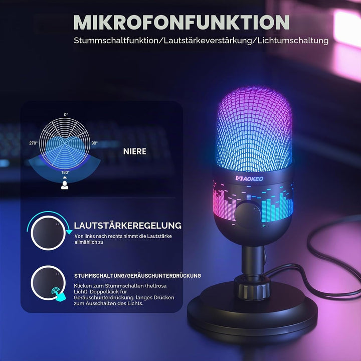 aokeo Gaming Mikrofon, USB Computer Mikrofon für PC, Mac, PS4/5, Kondensator Podcast Mic für Studioa