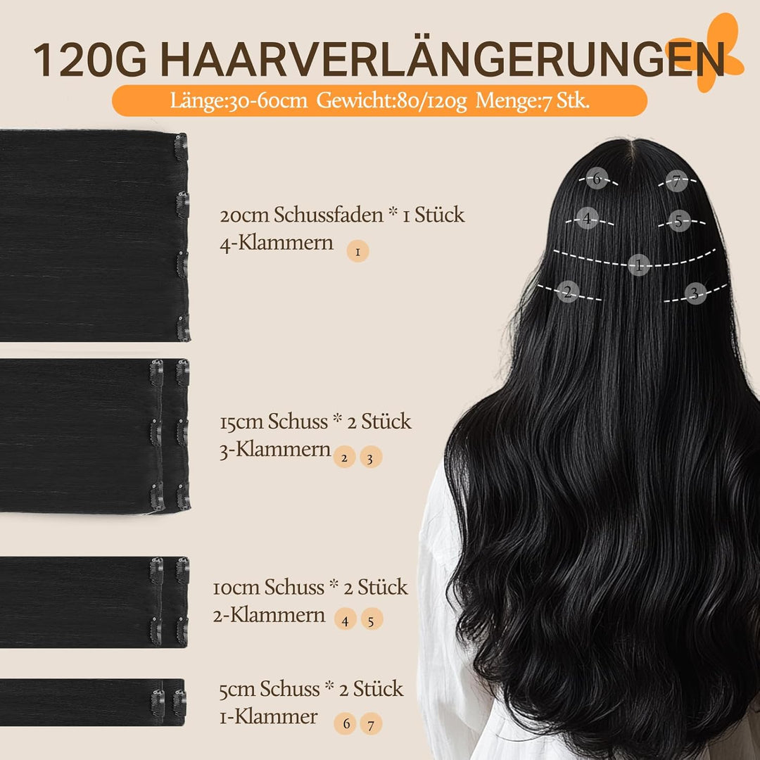 DOORES Clip in Extensions Echthaar, Tief Schwarz 30cm 12 Zoll 7 Stück 80g Echthaar Extensions Clip G