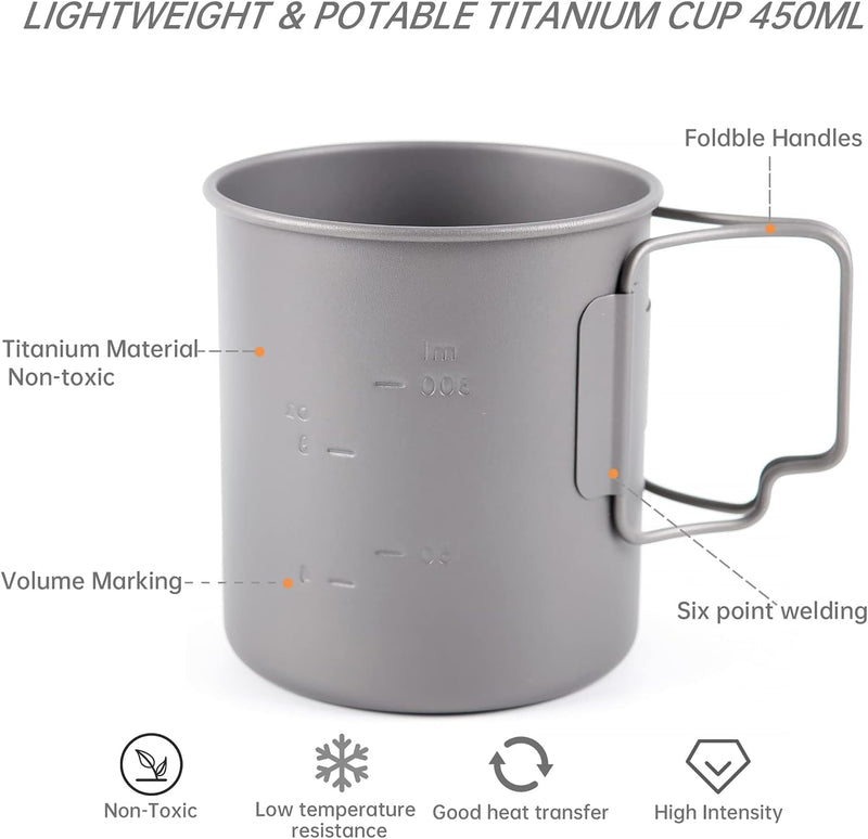 TOAKS 450 ml Titanbecher für Rucksackreisen, Camping, Kaffeekanne, ultraleichtes Campinggeschirr 450