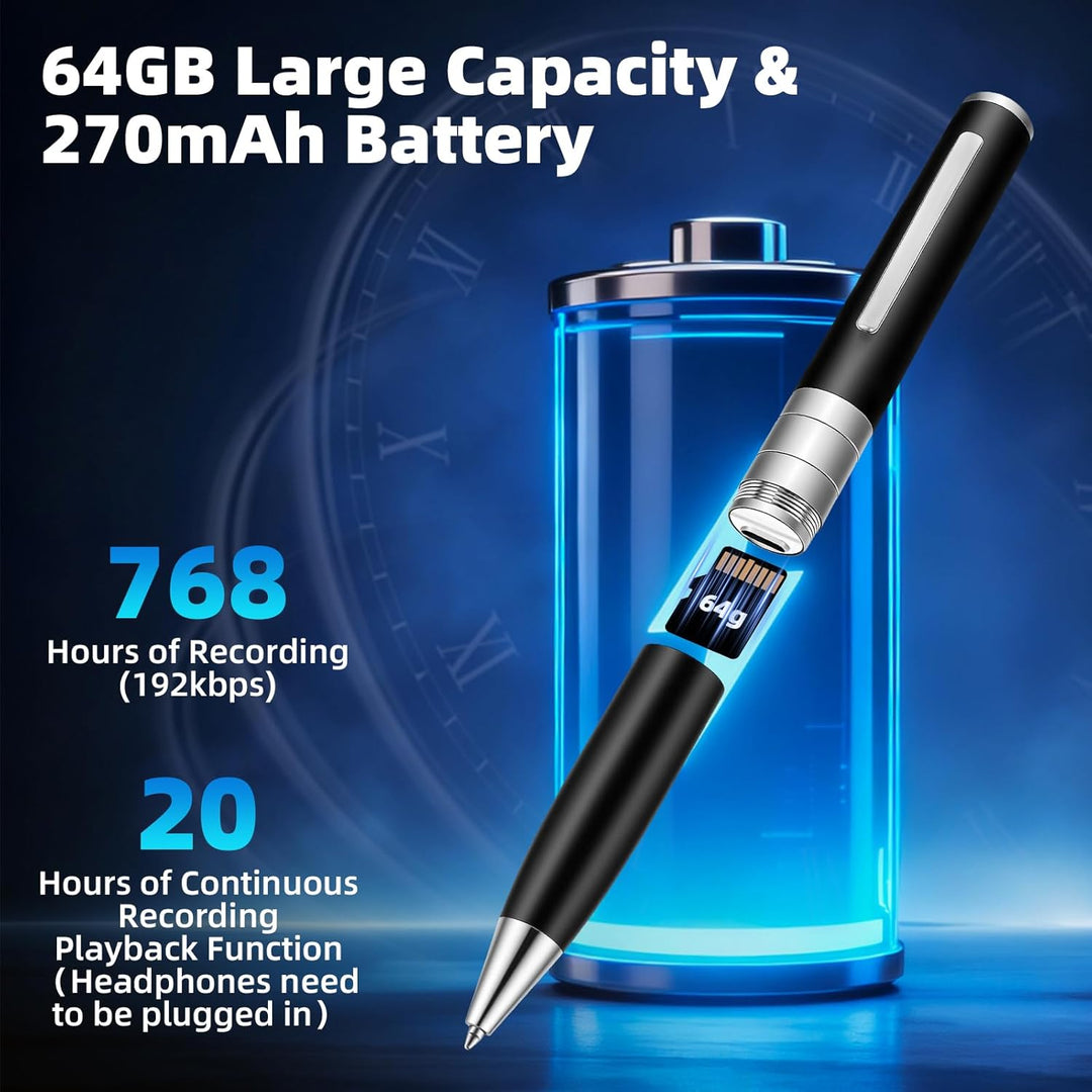 Stift mit Sprachaufnahme, 64 GB Diktiergerät, Automatisch und Kontinuierlich durch Rotationsaktivier