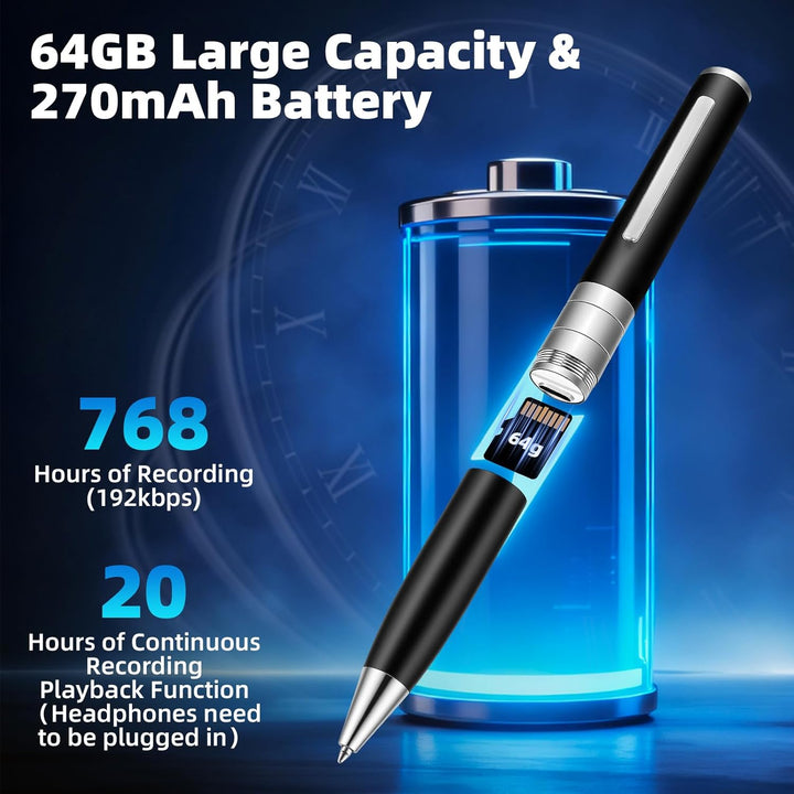 Stift mit Sprachaufnahme, 64 GB Diktiergerät, Automatisch und Kontinuierlich durch Rotationsaktivier