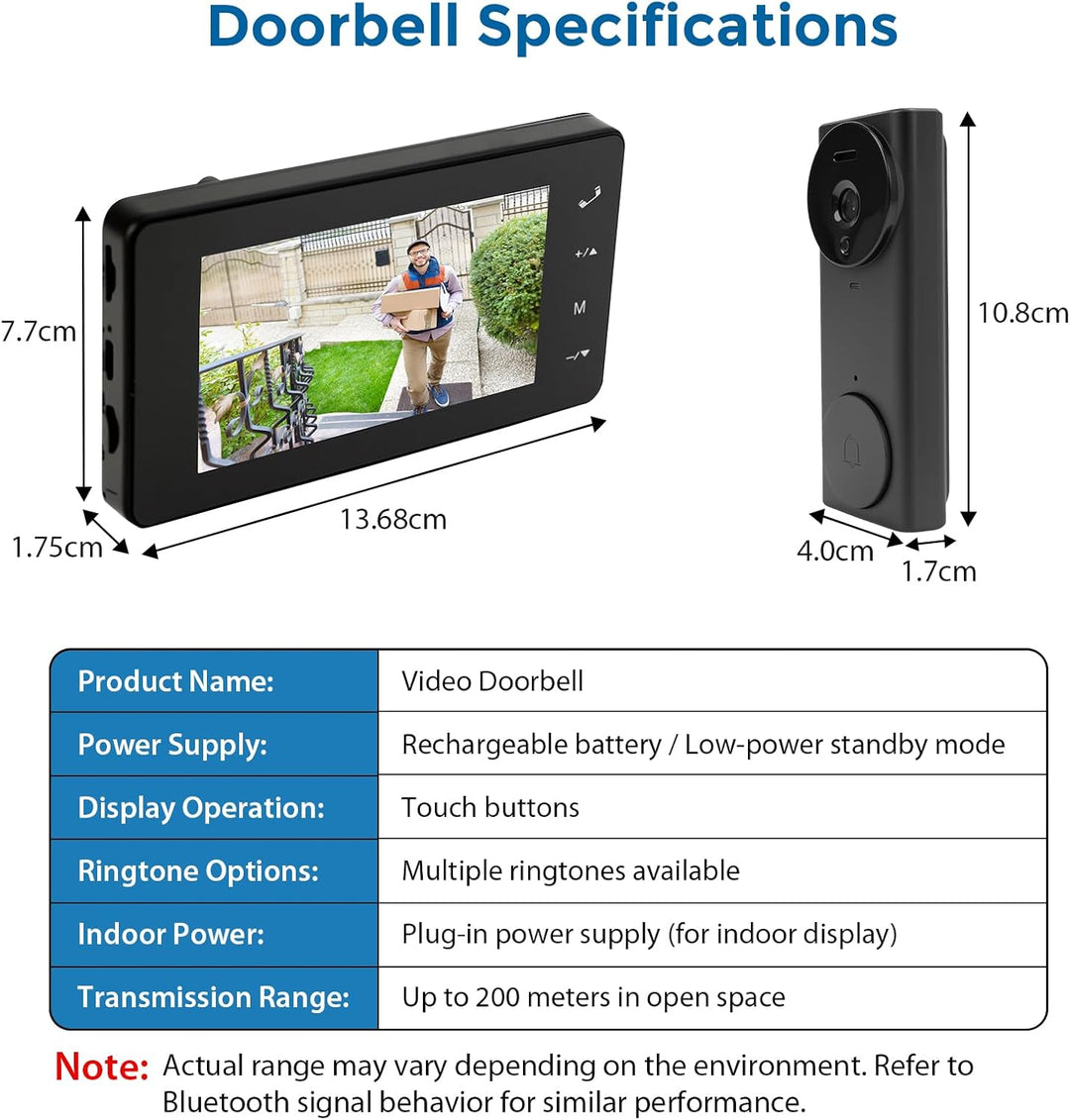 Kabellose Video Türklingel, WLAN Türklingel mit 4,3" Farbmonitor, 2 Wege Audio Gegensprechanlage und