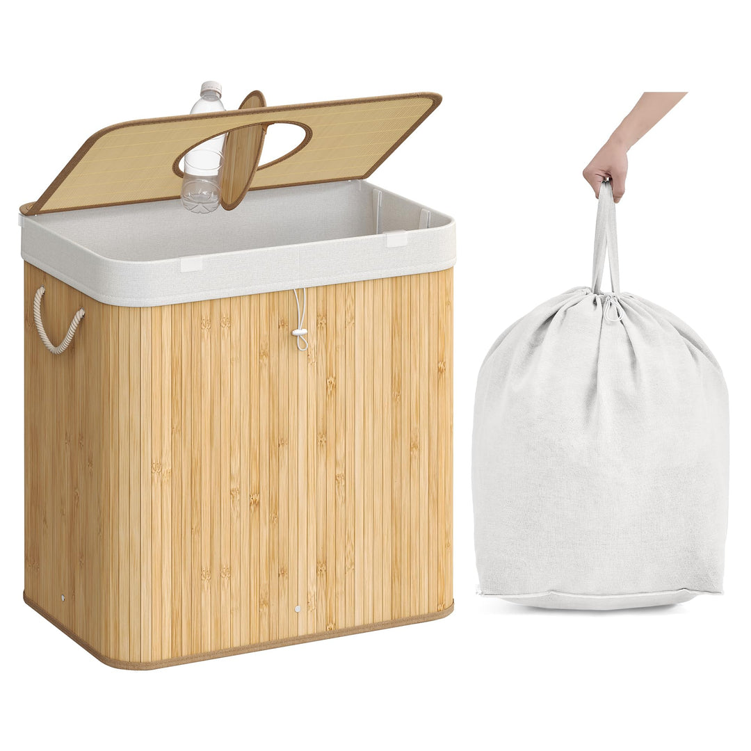SONGMICS Pfandflaschen-Sammelbehälter, 120 L Pfandflaschen-Behälter, Bambus, Flaschensammler Leergut