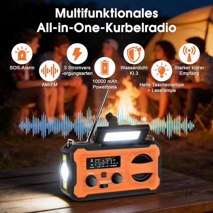 Kurbelradio, Tragbares Solarradio mit AM/FM, 10000mAh Powerbank, Notfallradio mit SOS-Alarm, LED-Tas