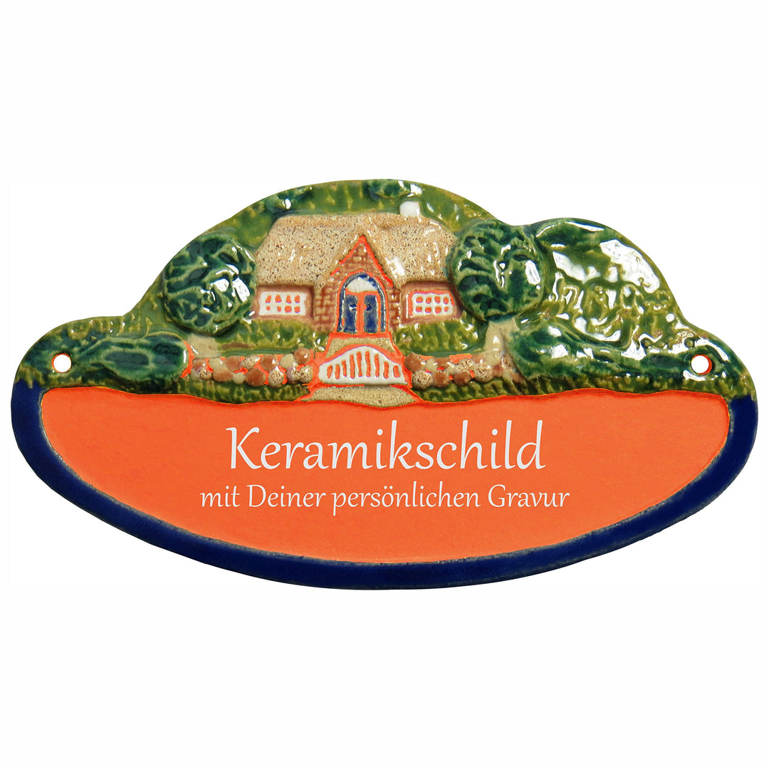 Handarbeit aus Schleswig-Holstein Keramikschild 18,0 x 10,0 cm Landhaus mit Bäumen (Terracotta), Ter