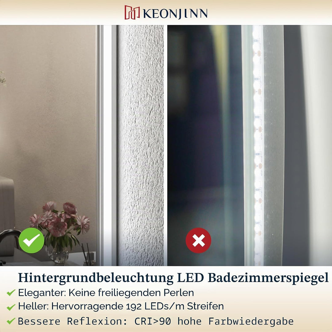 Keonjinn Badspiegel mit Beleuchtung Rechteckig 180x80cm, Badezimmerspiegel mit Beschlagfrei Touch Sc