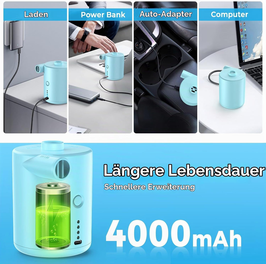 BOSONER Elektrische Luftpumpe mit Akku: 4000 mAh, wiederaufladbare Luftpumpe mit 3 Luftdüsen – schne