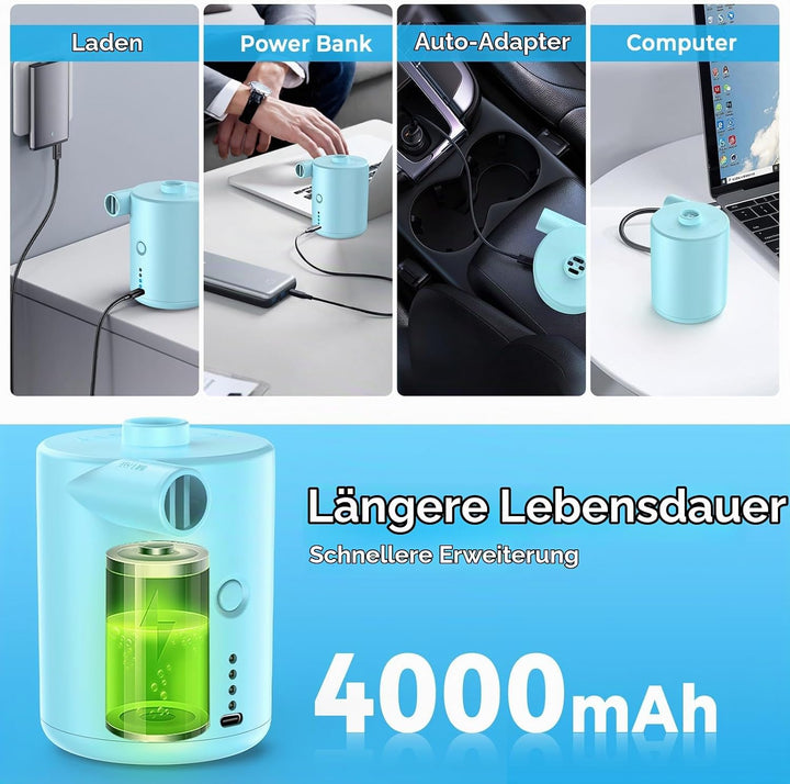 BOSONER Elektrische Luftpumpe mit Akku: 4000 mAh, wiederaufladbare Luftpumpe mit 3 Luftdüsen – schne