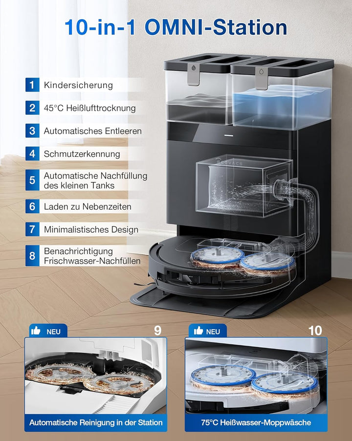 ECOVACS DEEBOT T50 Omni Saugroboter mit Wischfunktion,15.000 Pa, T30 Omni-Upgrade, Ausziehbare Seite