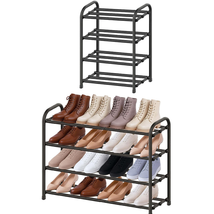 Schuhregal gross schmal ausziehbar 4 Ebenen, Schuhschrank hoch schwarz Metall, Breite 43-78 cm, für