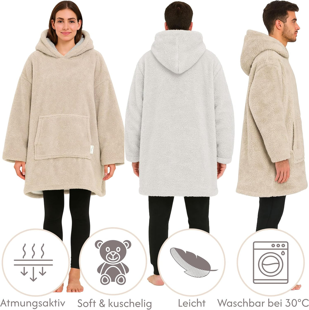 Hoodie Decke mit Ärmeln - Sherpa Wende Deckenpullover Oversize Kuscheldecke zum anziehen Kuschelponc