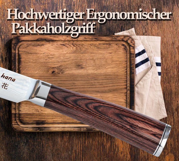 ChaNoHana Damast Sashimi-Messer mit Echtholz Pakkagriff | VG10 Damaststahl-Klinge 20cm 67 Lagen | Fi