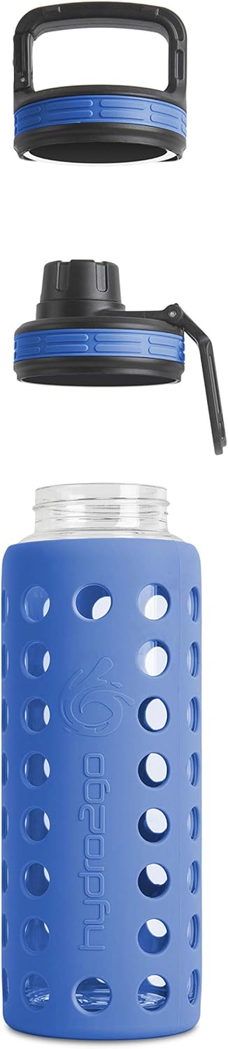 hydro2go® Trinkflasche aus Glas mit Silikonhülle 950 ml - spülmaschinenfest | 2 auswechselbare Decke