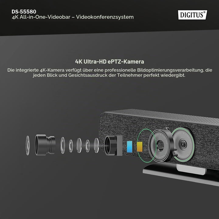 DIGITUS DS-55580 Video Bar Pro, Video-Konferenz-System – 4K UHD 30 Hz ePTZ Webcam Kamera – 1 Tischmi