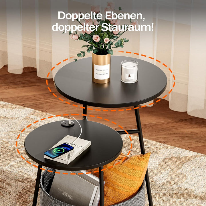 Rolanstar Beistelltisch Rund, Kleiner Tisch mit Ladestation, Runder Couchtisch mit grossem Stoffkorb
