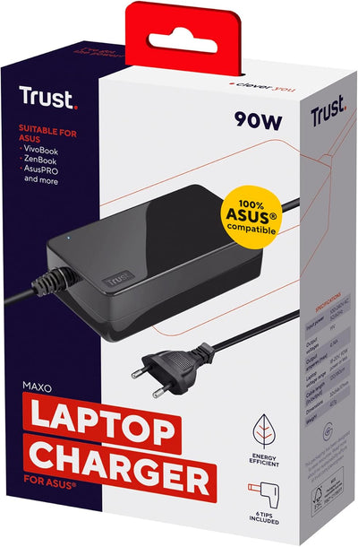 Trust Maxo EU Laptop Ladegerät 90 W für Asus Laptops, Netzkabel mit 6 Anschlussstecker, Kompakte Grö