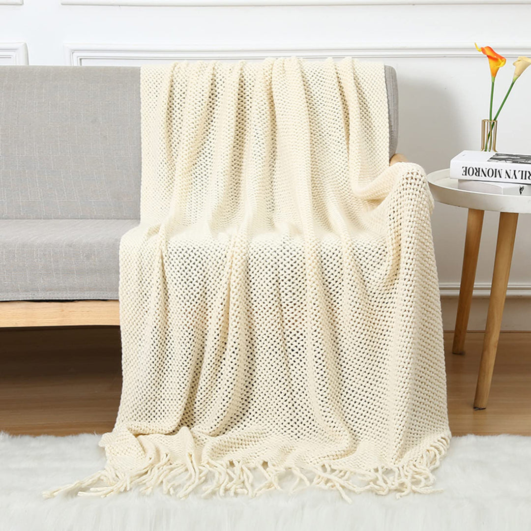 LumiSyne Strickdecke Mit Quaste Atmungsaktiv Zellulare Decke Nordisch Stil Weich Kuscheldecke Überwu