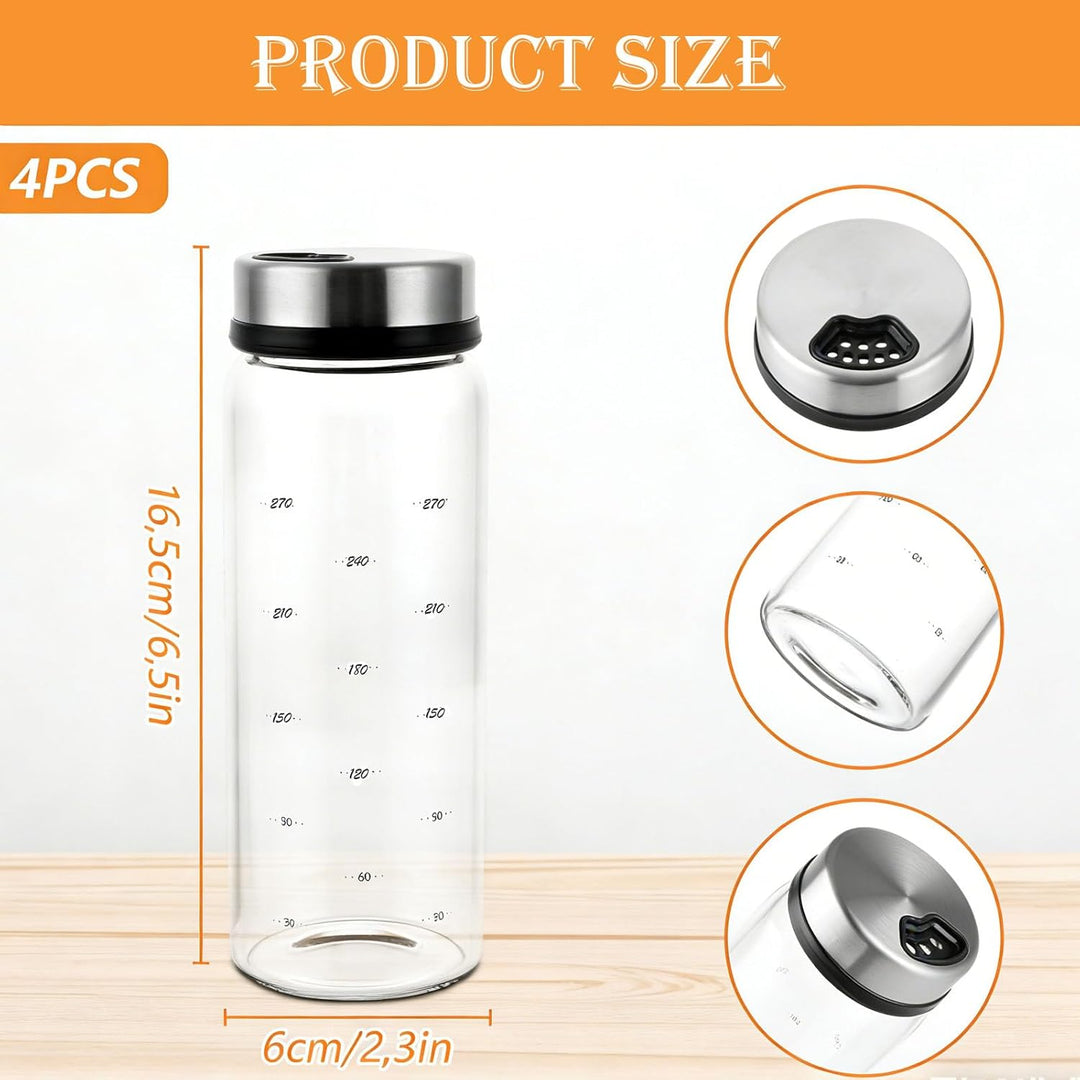 4 Stück Gewürzgläser mit Drehdeckel, 300ml Gewürzstreuer Glas, Borosilikatglas Gewürzstreuer, Salz u