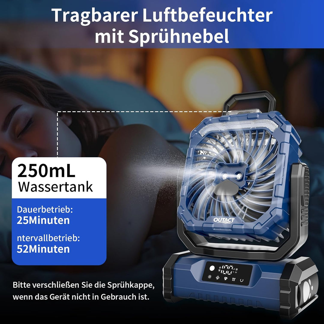Ventilator Camping mit Sprühnebel, Akku Ventilator 20000mAh mit LED Licht, Haken, 270° Drehung, Trag