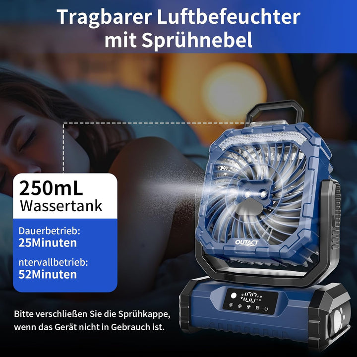 Ventilator Camping mit Sprühnebel, Akku Ventilator 20000mAh mit LED Licht, Haken, 270° Drehung, Trag
