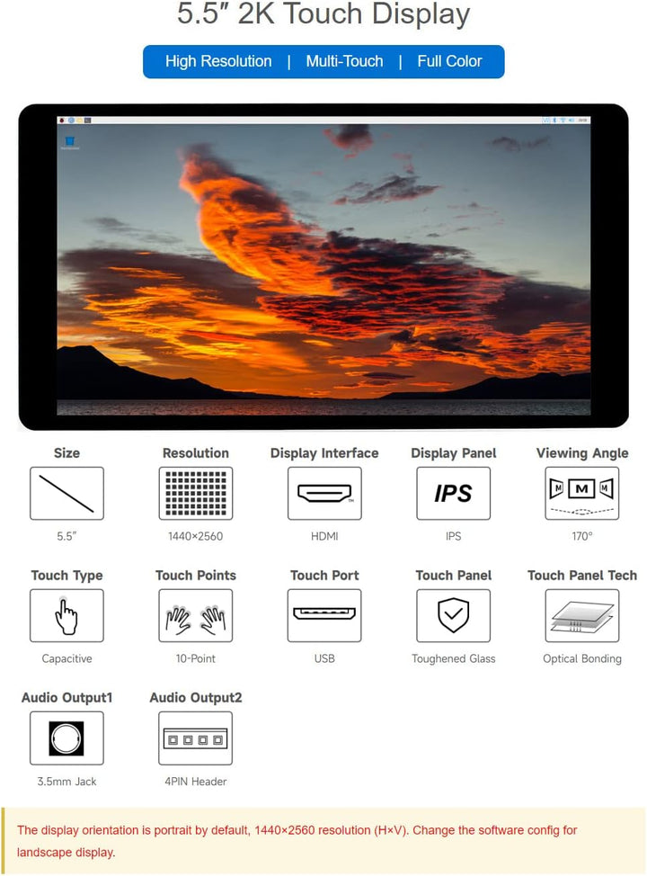 Waveshare 5.5inch 2K Capacitive Touch LCD Display Compatible with Raspberry Pi 4B/3B+/Pi 3B/Zero 2w/