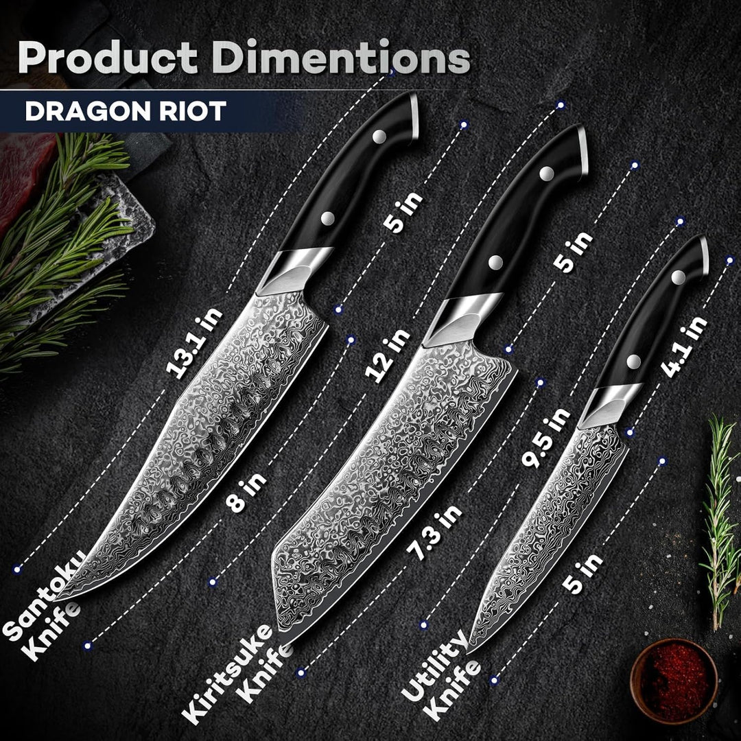 DRAGON RIOT Damastmesser-Set, 3-teilig Japanisches Damast-Küchenmesser-Set, Ultrascharfes Kochmesser