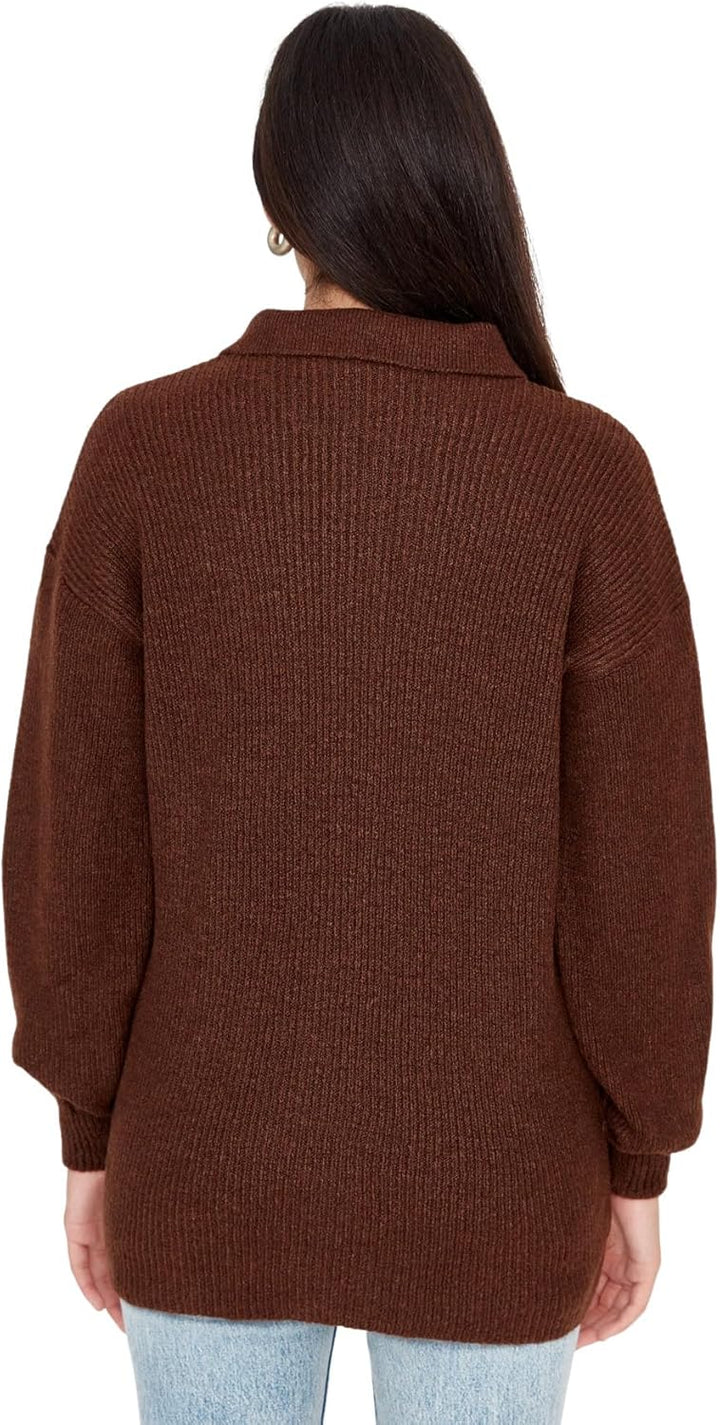 TRENDYOL Damen Hemdkragen Einfarbig Oversize Cardigan Pullover L Braun, L Braun