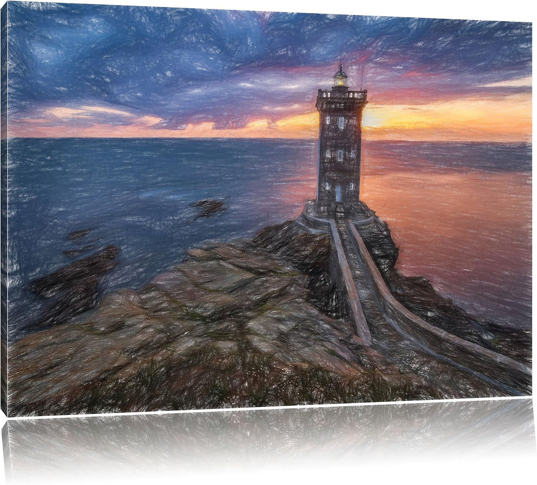 Pixxprint Leuchtturm im Sonnenuntergang Kunst Buntstift Effekt, Format: 100x70 auf Leinwand, 100x70