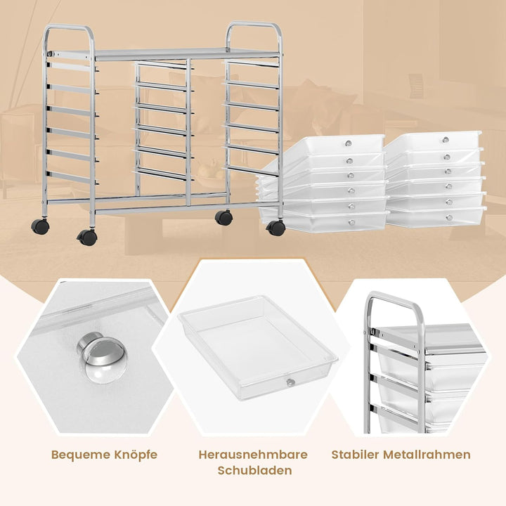 COSTWAY Rollwagen mit 12 stapelbaren Schubladen, Schubladenwagen Rollcontainer mit Metallgestell & A