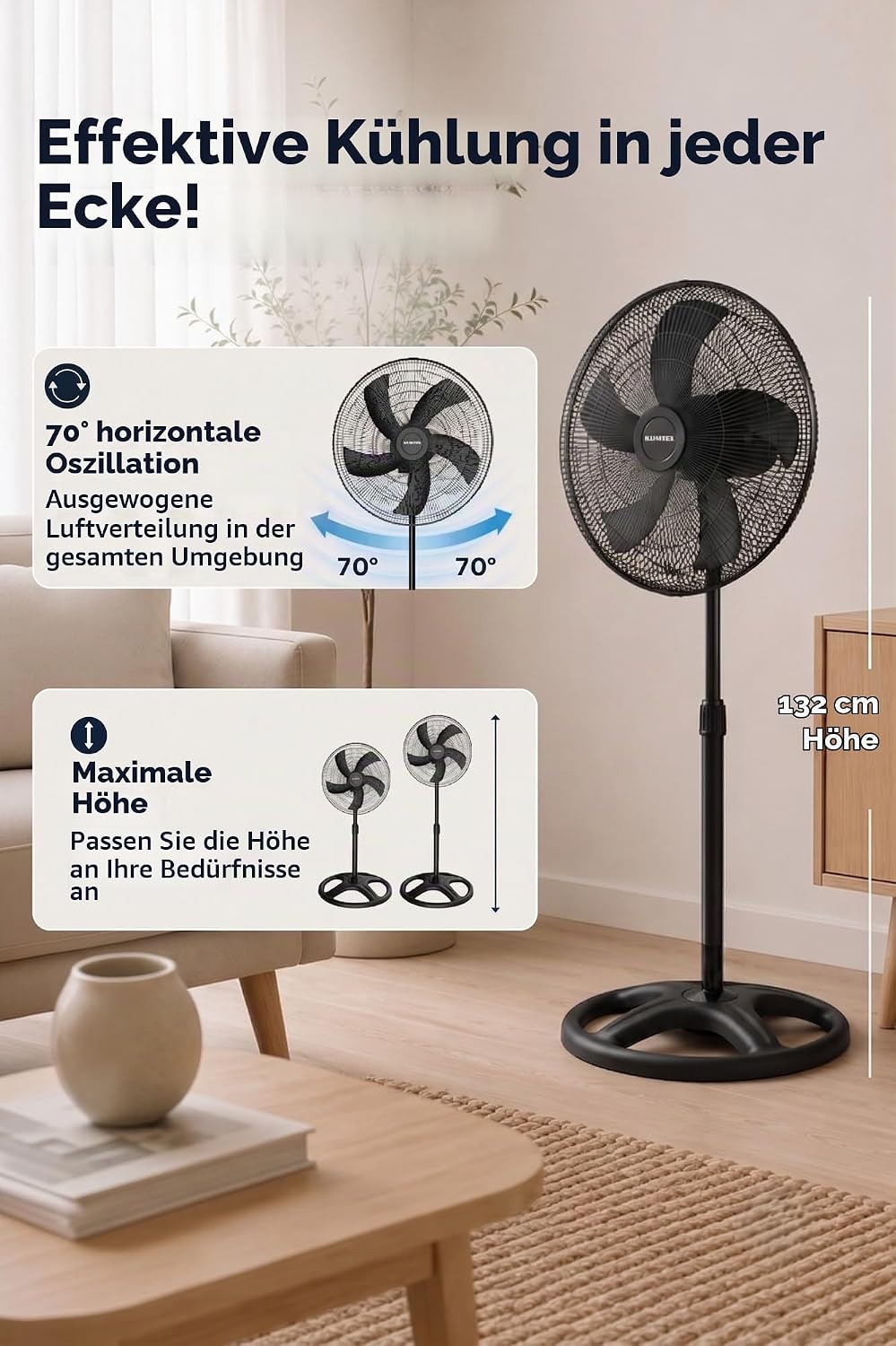 Opviq Kumtel Verstellbarer schwarzer Ventilator, 60 W, 50 x 50 x 132 cm | 3 Geschwindigkeitsstufen,