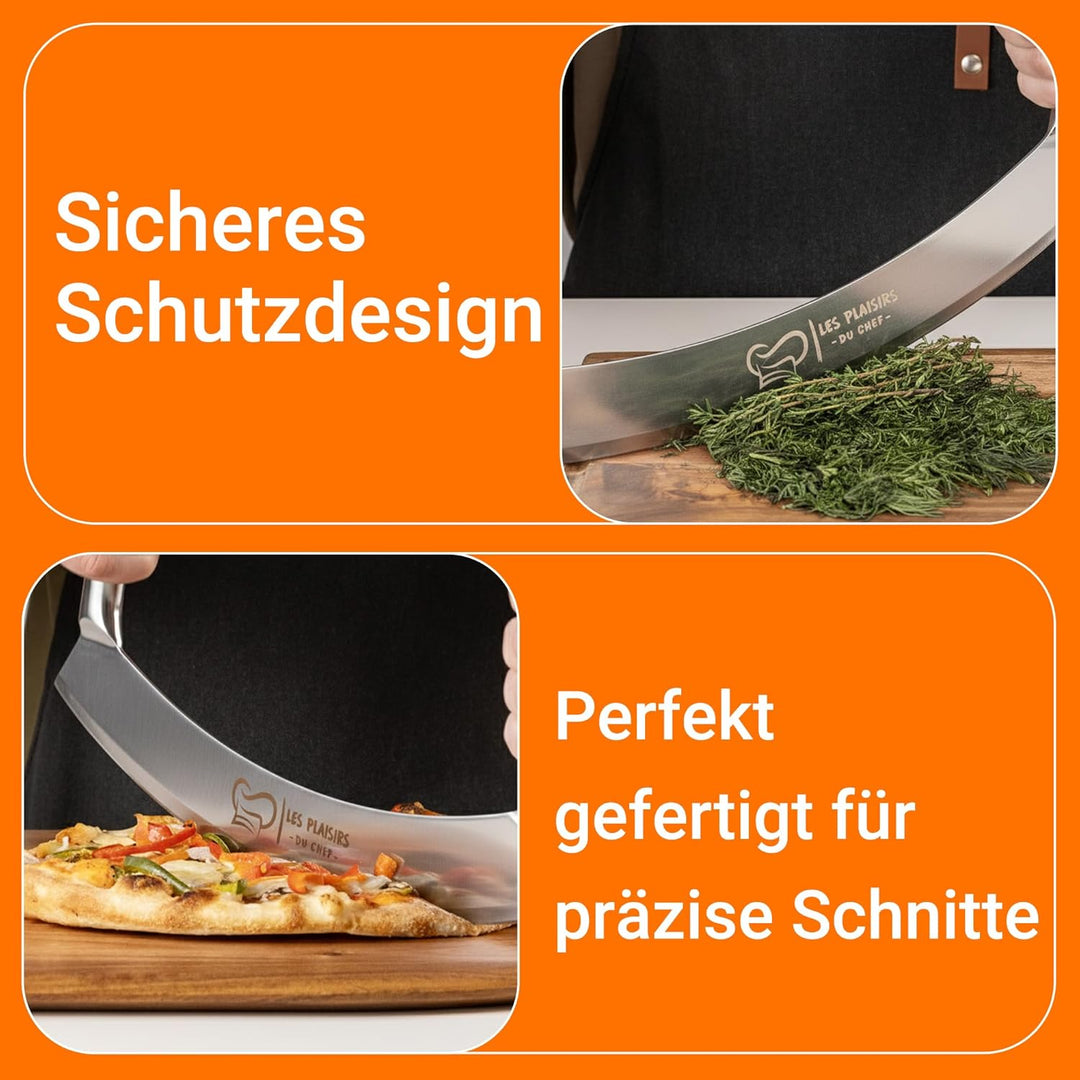 Extra scharfer Pizza Schneider/Pizzaschneider aus Edelstahl | Grosses Wiegemesser 30,5 cm mit Doppel