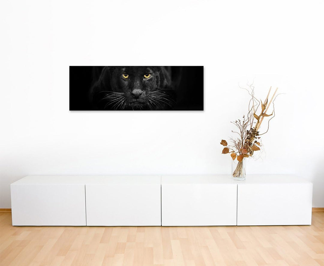 Sinus Art XXL Panoramabild 150x50cm Tierfotografie – Schwarzer Leopard mit bernsteinfarbenen Augen N