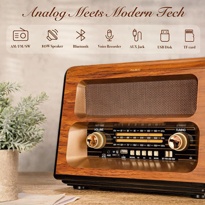 PRUNUS J-199 Retro Radio Bluetooth, AM FM SW Nostalgie Radio Batteriebetrieben, Kofferradio Akku Rad