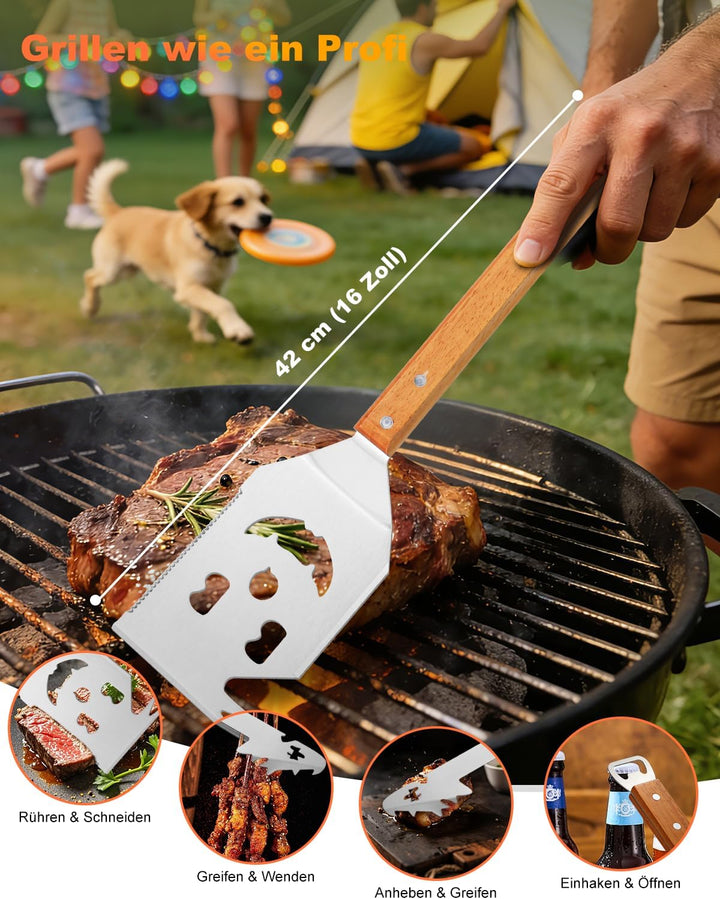 BBQ Grillbesteck Set 3-TLG, Extra Langes Grillwerkzeug, Edelstahl Holzgriff, Grill Zubehör mit Grill