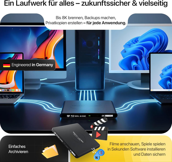 techPulse120 Externes USB 3.1 USB-C UHD 4k 3D M-DISC Blu-ray DVD CD HDR10 128GB Laufwerk Brenner Bur