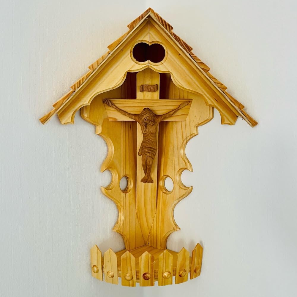 DARLUX Handgefertigter Herrgottswinkel Wand-Eck-Kruzifix-Ikone Holz Kreuz Ecke Schrein Jesus Christu