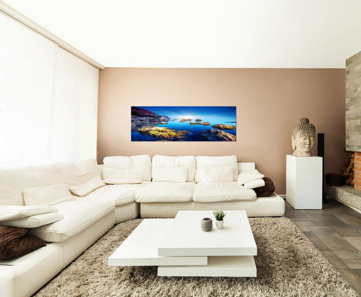 Paul Sinus Art Panoramabild auf Leinwand und Keilrahmen 120x40cm Ukraine Meer Felsen Steine Himmel