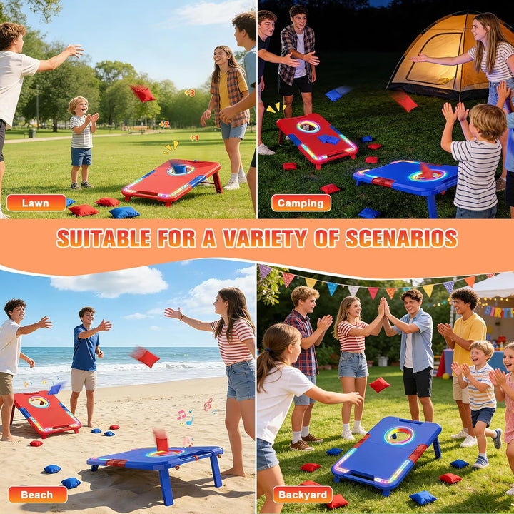 VATOS Tragbares Cornhole-Set mit LED-Lichtern & Soundeffekten, Punktanzeige, klappbar – 2 Spielbrett