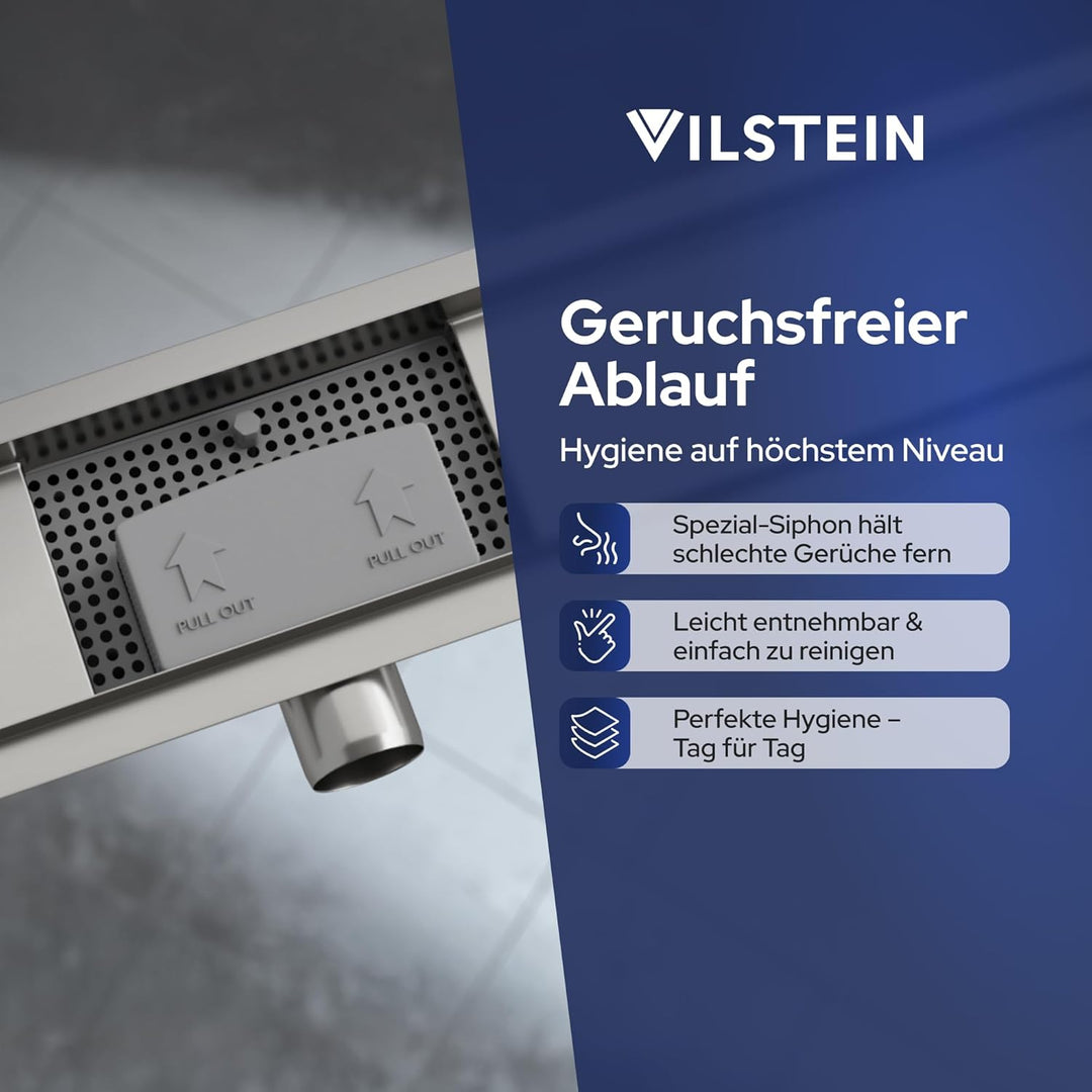 VILSTEIN Duschrinne 110cm | Befliesbar | Edelstahl Bodenablauf Komplettset | Extra flach | Siphon mi