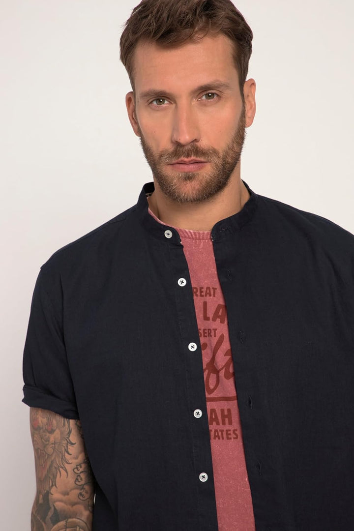 JP 1880 Herren grosse Grössen Übergrössen Menswear L-8XL Hemd, Halbarm, Leinenmix, Stehkragen, Moder