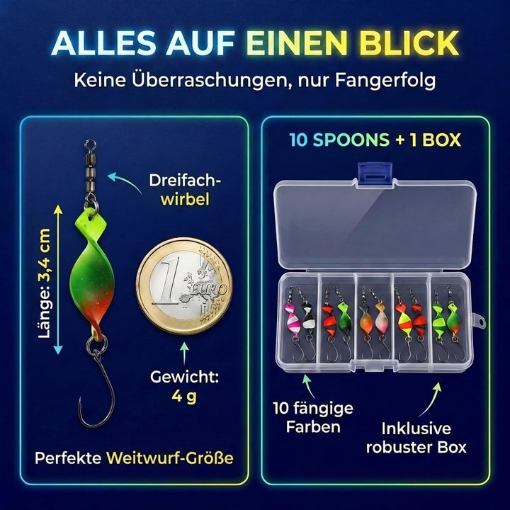 Njord Kalastus Messeneuheit 2024 Spoons Forelle Mega Twist 10 Stück in Spoonbox | Forellen Angeln Sp