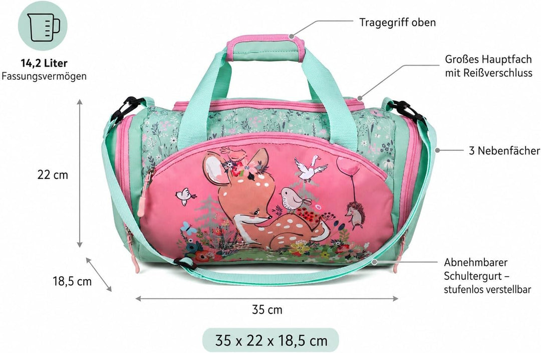 Sporttasche mit süssem Hirsch Motiv für Jungen und Mädchen Türkis/Rosa, Türkis/Rosa