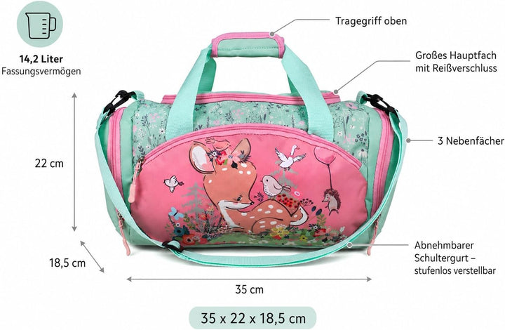 Sporttasche mit süssem Hirsch Motiv für Jungen und Mädchen Türkis/Rosa, Türkis/Rosa