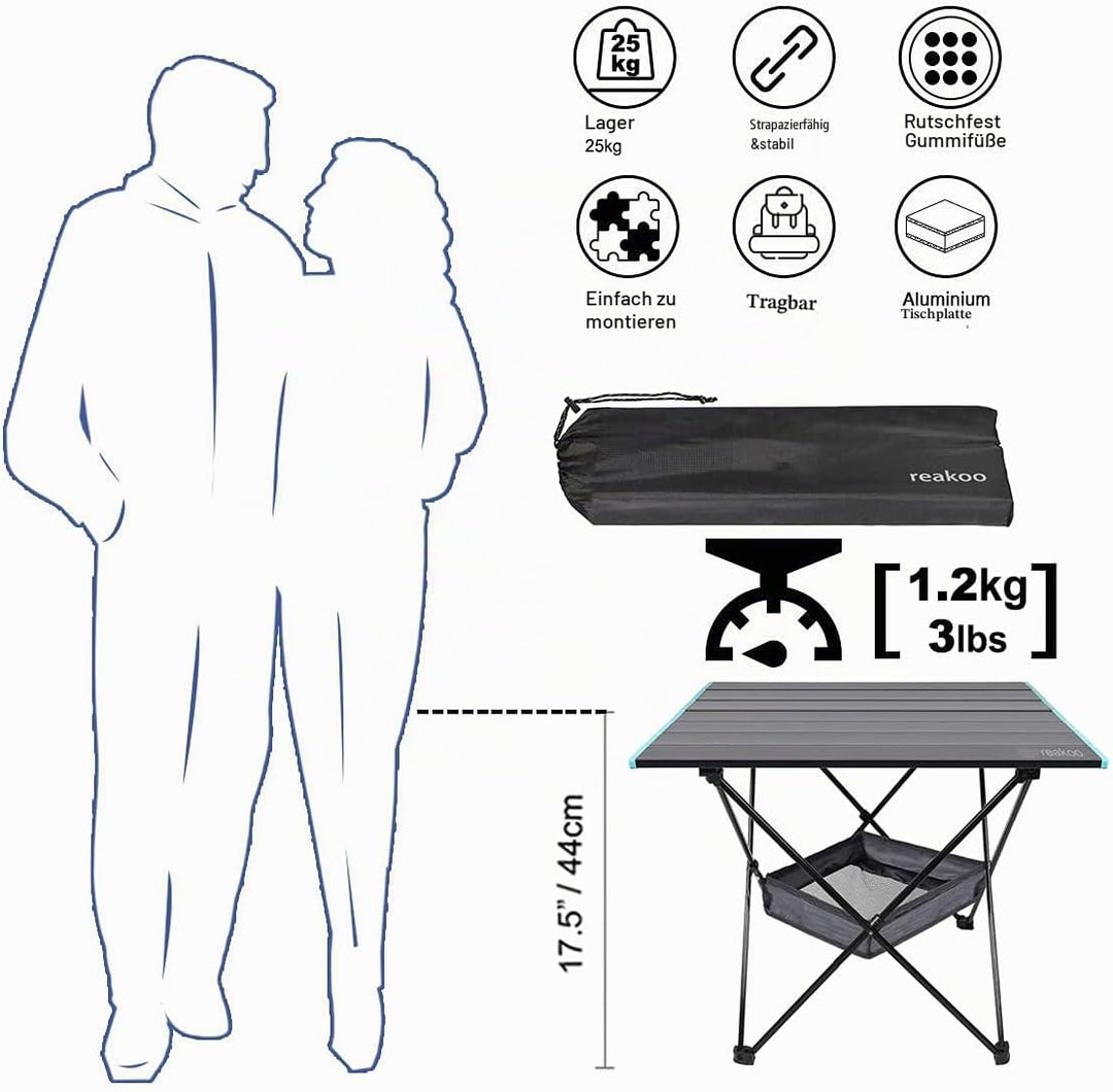 reakoo Campingtisch Klappbar mit Aluminium-Tischplatte, Ultraleicht, kompakt, Campingtisch Faltbar m