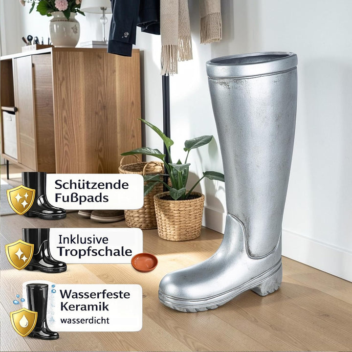 Casablanca Deko Schirmständer aus Keramik mit Wasserauffangschale - Regenschirmständer Farbe: Silber