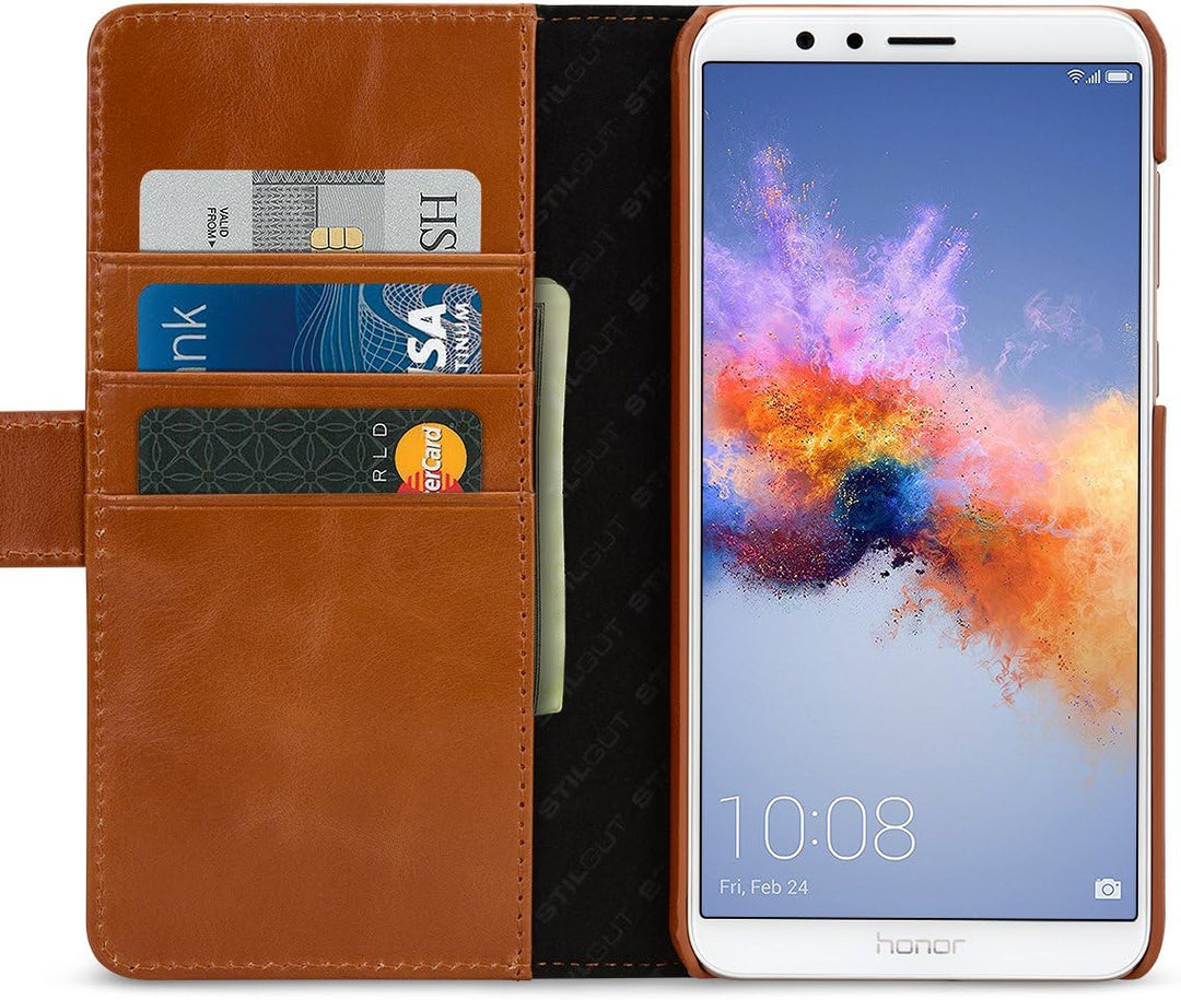 STILGUT Talis Schutz-Hülle für Huawei Honor 7X mit Kreditkarten-Fächern aus echtem Leder. Seitlich a