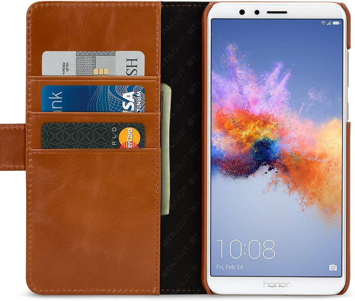 STILGUT Talis Schutz-Hülle für Huawei Honor 7X mit Kreditkarten-Fächern aus echtem Leder. Seitlich a
