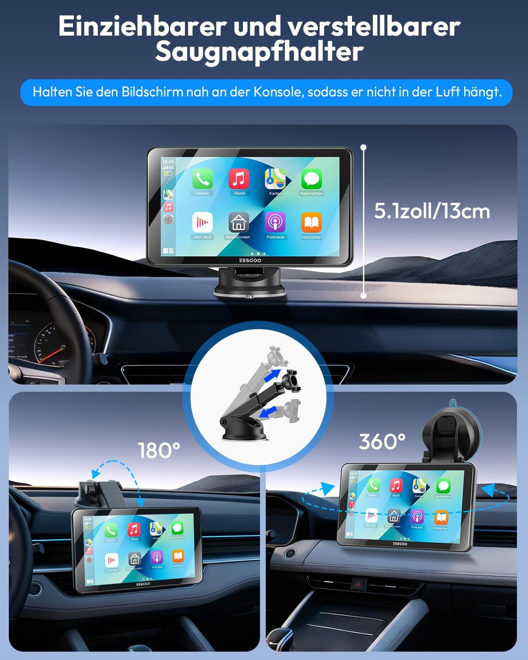 ESSGOO Carplay Android Auto Display mit Rückfahrkamera,7 Zoll Carplay Bildschirm für Apple/Android A