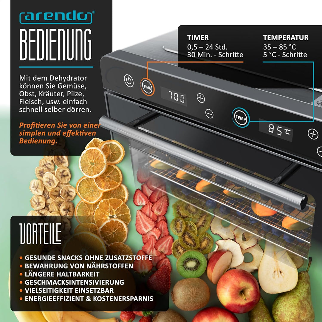 Arendo - Dörrautomat Edelstahl mit 8 Edelstahlgitter - 700 W - 35°-85°C - 8 Edelstahl Einlegetablett